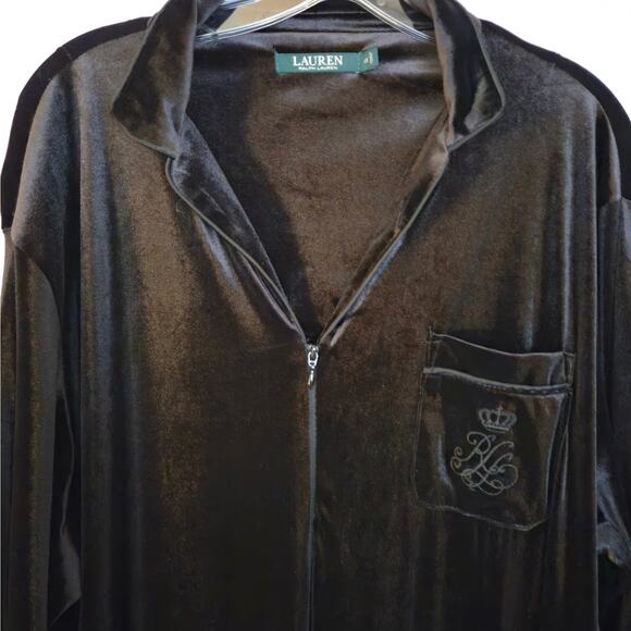 Lauren Ralph Lauren Black Velour Zip Front Lounge Dress Size 1X Velvet Midi - Picture 4 of 13